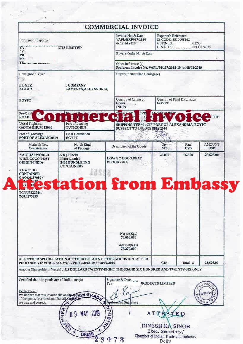 Commercial Invoice Attestation from Bolivia Embassy