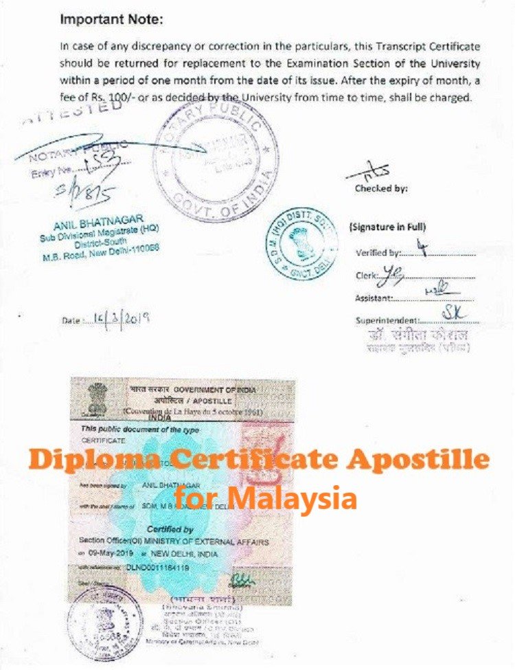 Diploma Certificate Apostille for Malaysia India