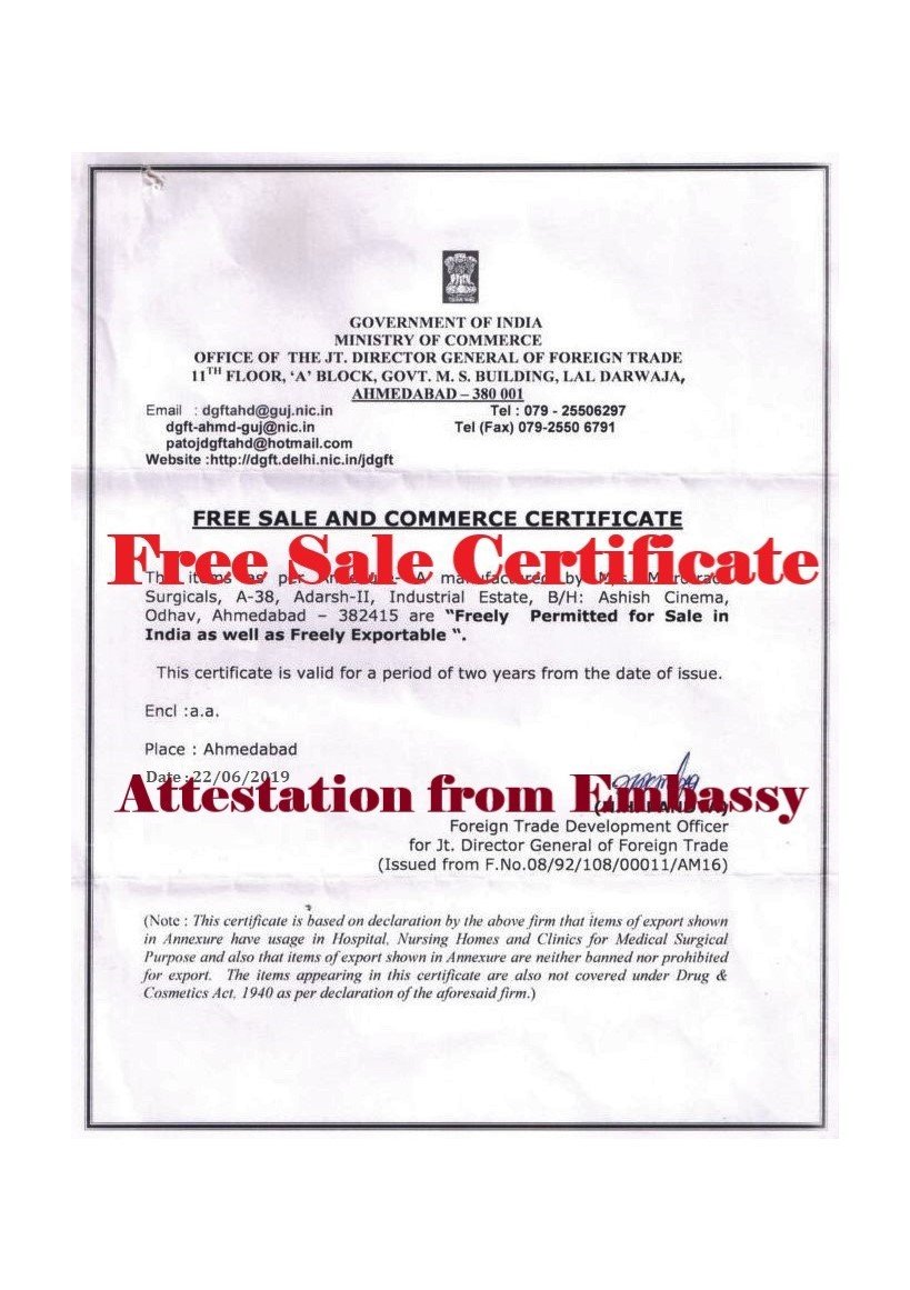 Free Sale Certificate Attestation from Spain Embassy