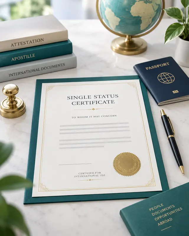 Sample-style visual representing an Indian single status certificate for use in Myanmar
