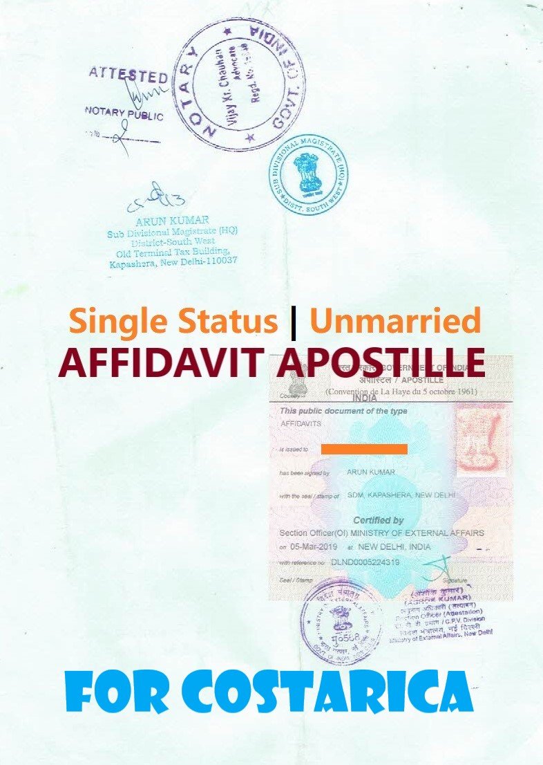 Unmarried Affidavit Certificate Apostille for Costa Rica in India