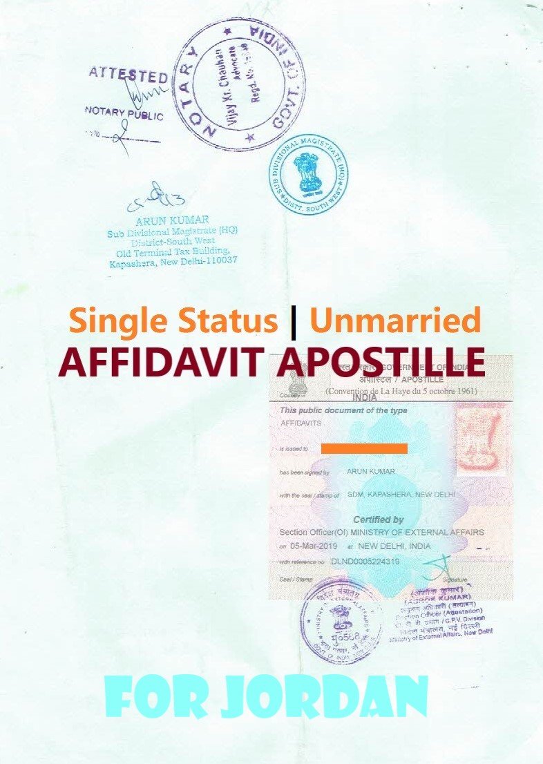 Unmarried Affidavit Certificate Apostille for Jordan in India